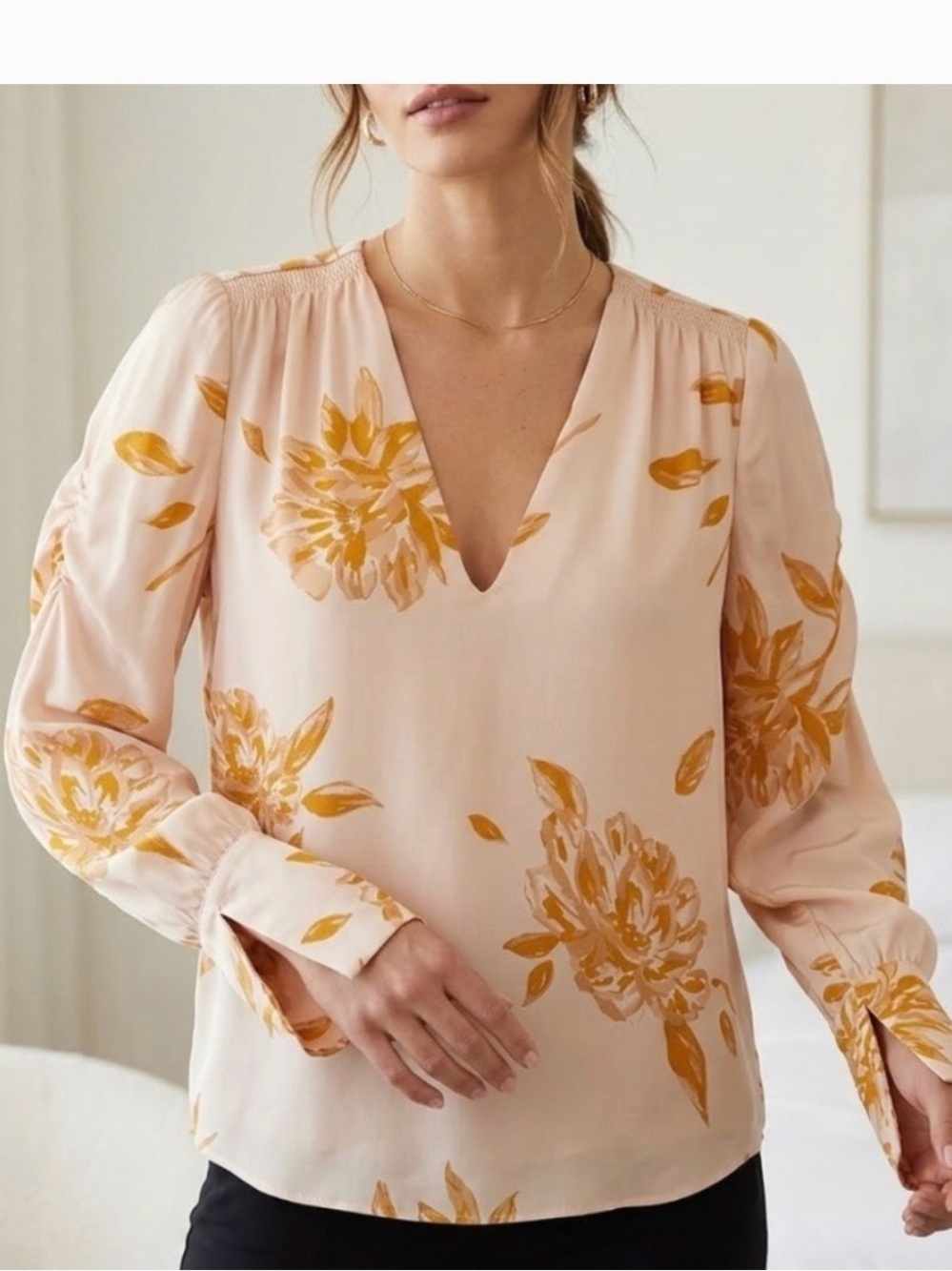 100% silk Joie V-Neck Blouse in Cream and Gold Floral